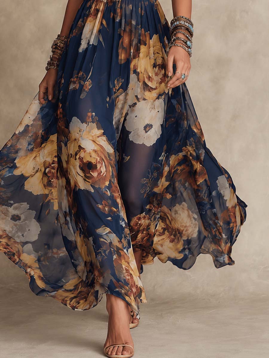 Adriana | Abito Maxi Floreale Blu Navy in Chiffon