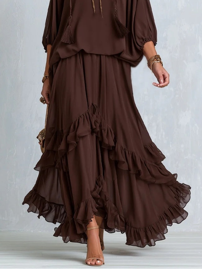 Manuela | Completo Marrone in Chiffon con Frange e Volant