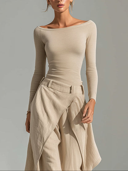 Giuliana | Completo Beige con Top a Barca e Pantaloni Larghi