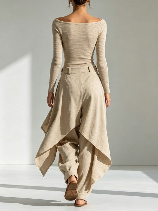 Giuliana | Completo Beige con Top a Barca e Pantaloni Larghi