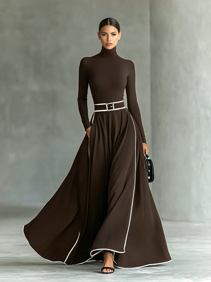 Nicoletta | Abito Maxi Nero con Cuciture Bianche e Collo Alto