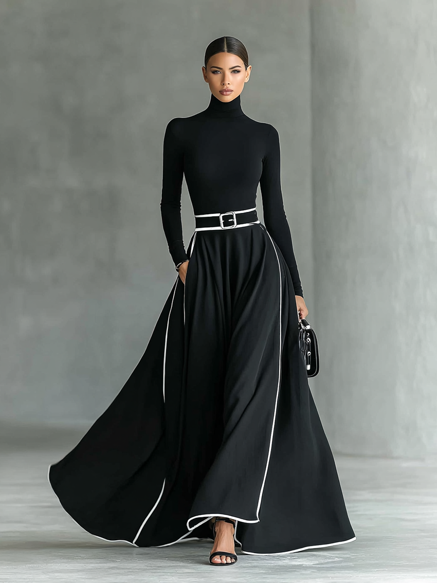 Nicoletta | Abito Maxi Nero con Cuciture Bianche e Collo Alto