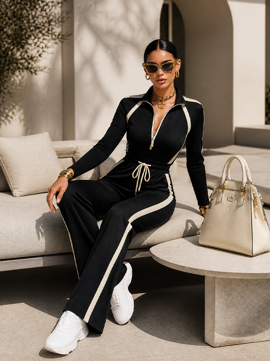 Monica | Completo Nero con Top Mezza Zip e Pantaloni Larghi