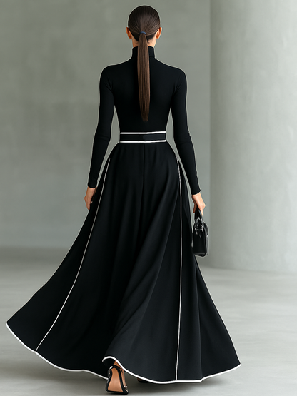 Nicoletta | Abito Maxi Nero con Cuciture Bianche e Collo Alto