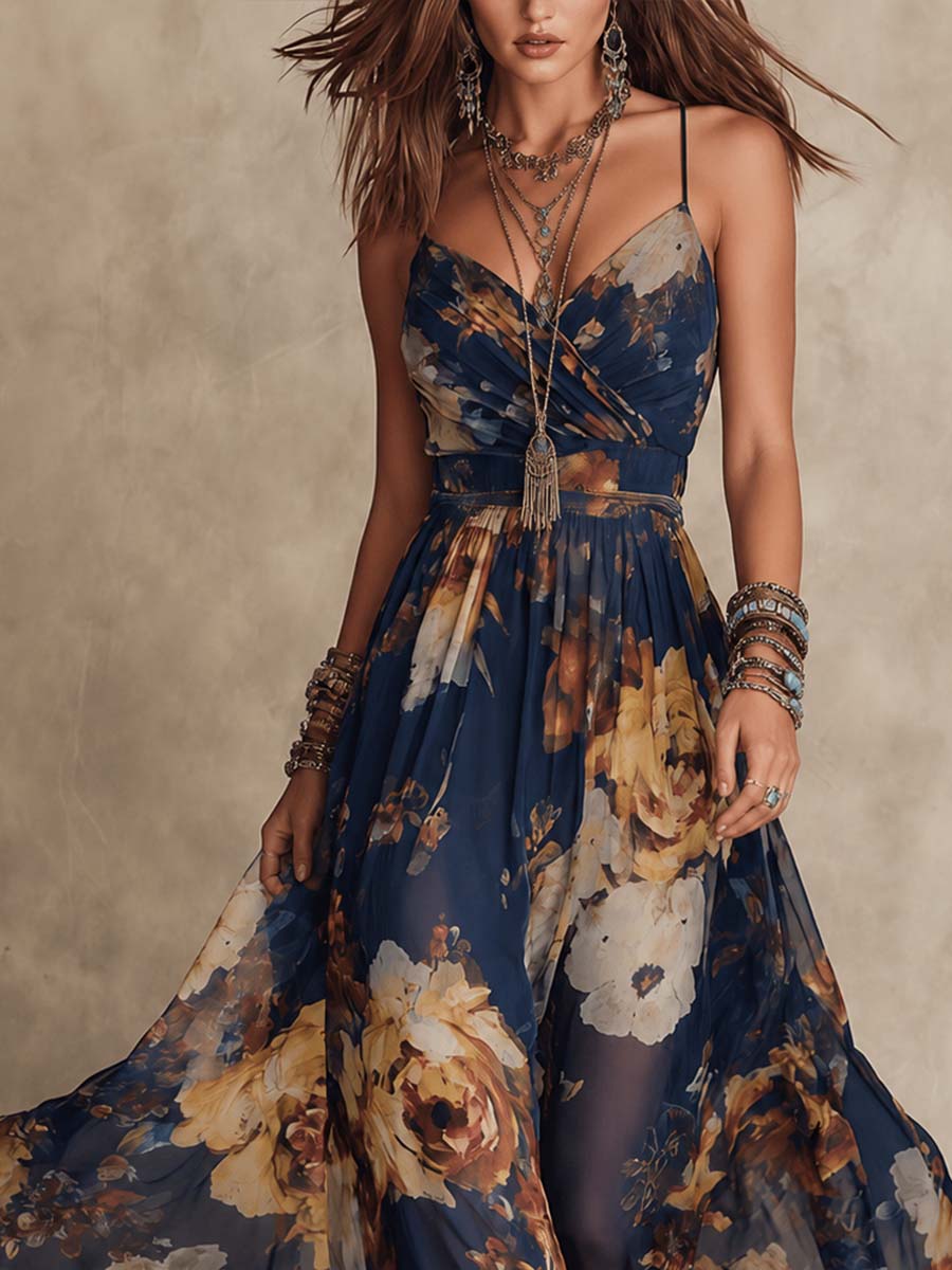 Adriana | Abito Maxi Floreale Blu Navy in Chiffon