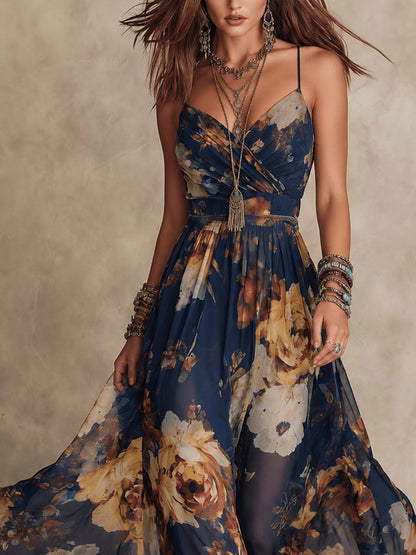 Adriana | Abito Maxi Floreale Blu Navy in Chiffon