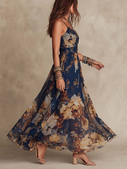 Adriana | Abito Maxi Floreale Blu Navy in Chiffon