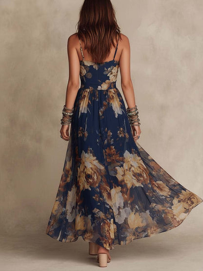 Adriana | Abito Maxi Floreale Blu Navy in Chiffon