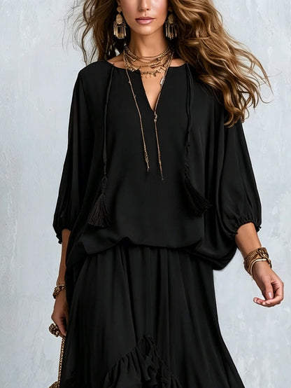 Elvira | Completo Nero in Chiffon con Frange e Gonna a Volant