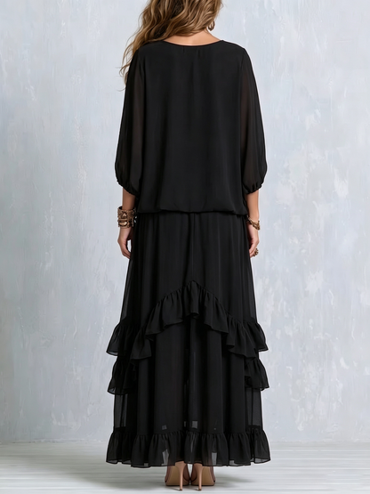 Elvira | Completo Nero in Chiffon con Frange e Gonna a Volant