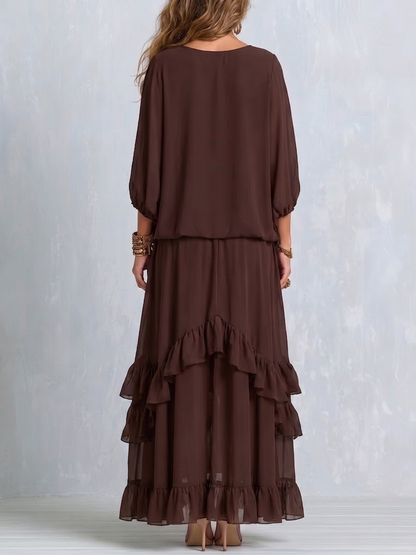 Manuela | Completo Marrone in Chiffon con Frange e Volant