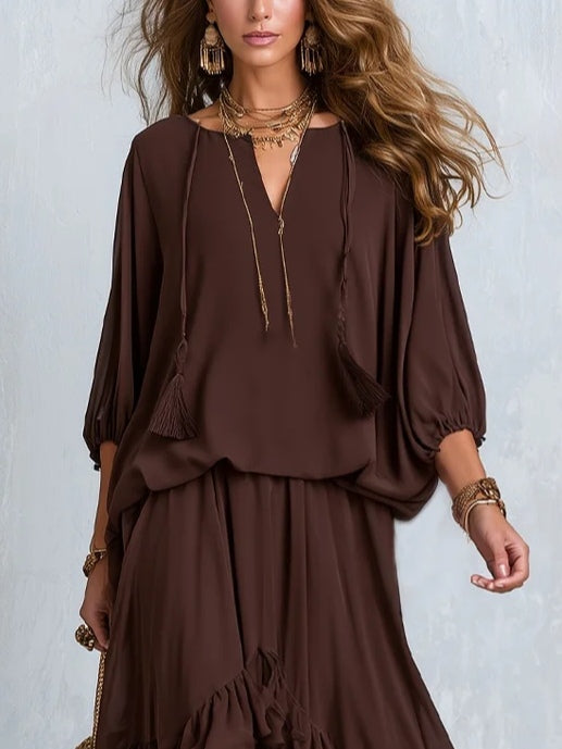 Manuela | Completo Marrone in Chiffon con Frange e Volant