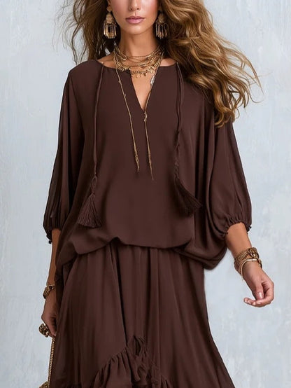 Manuela | Completo Marrone in Chiffon con Frange e Volant