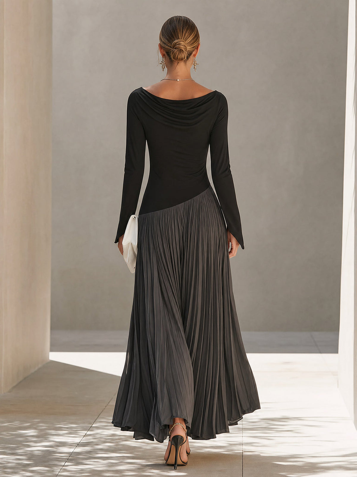 Marina | Abito Maxi Plissettato Bicolore Nero e Grigio