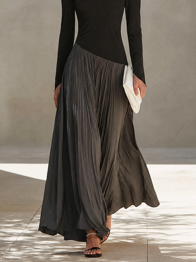 Marina | Abito Maxi Plissettato Bicolore Nero e Grigio