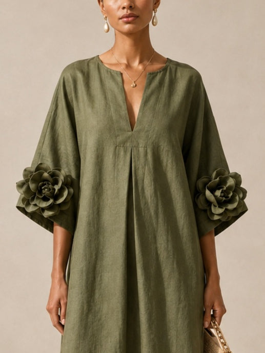 Graziella | Abito Midi Verde Oliva con Maniche Floreali