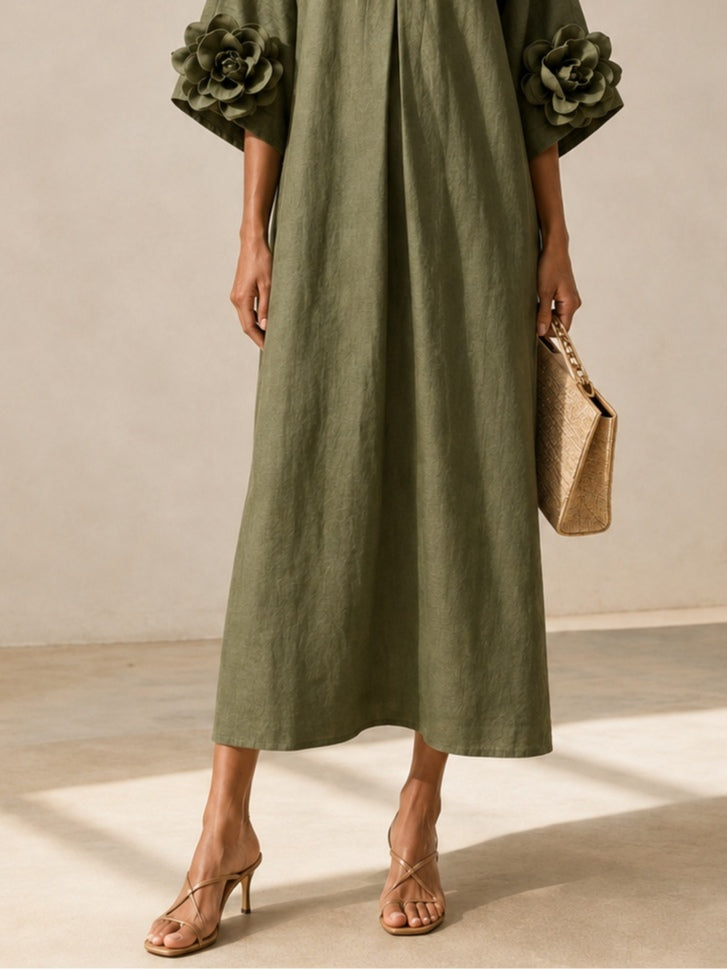 Graziella | Abito Midi Verde Oliva con Maniche Floreali