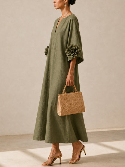 Graziella | Abito Midi Verde Oliva con Maniche Floreali