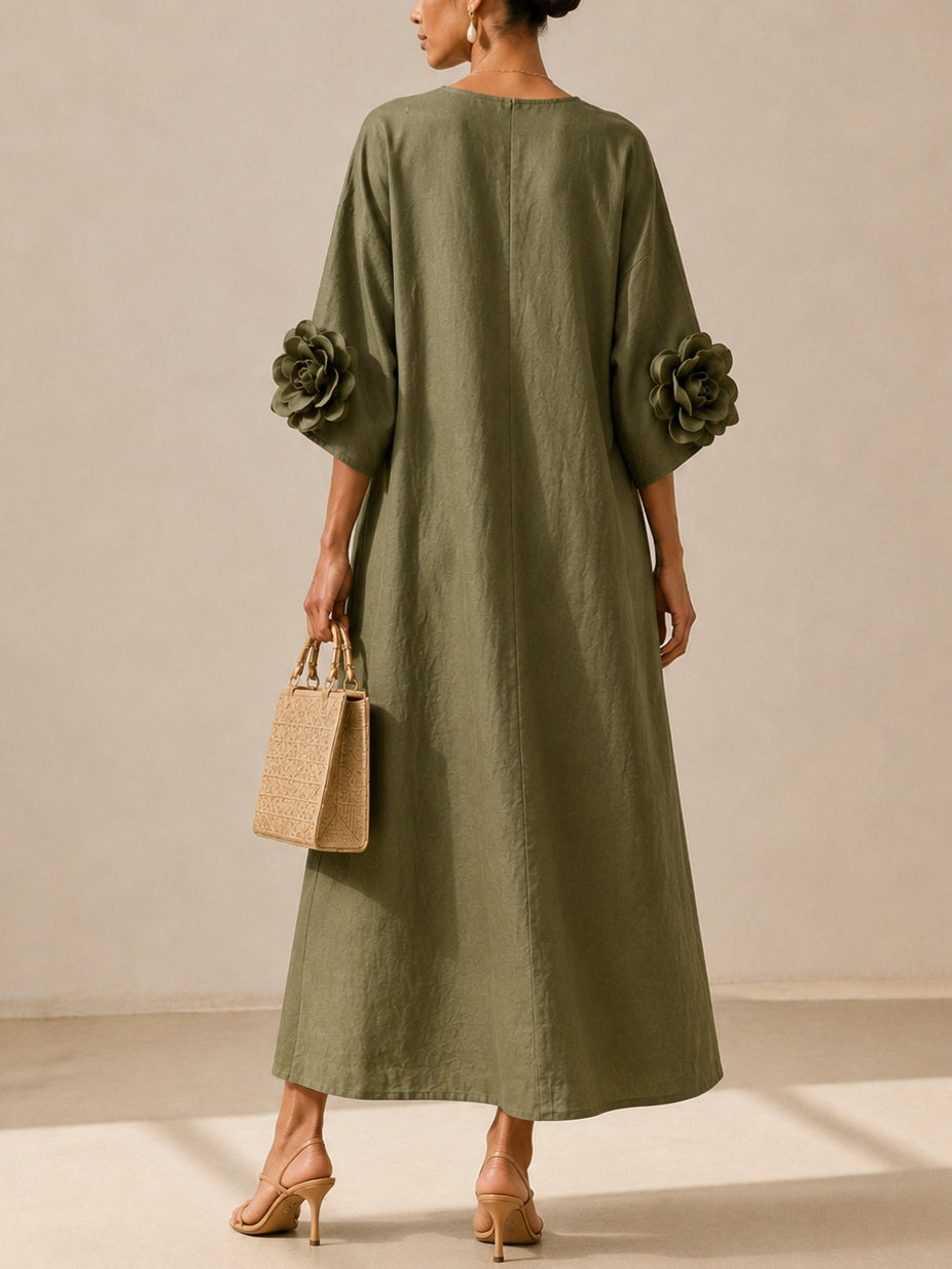 Graziella | Abito Midi Verde Oliva con Maniche Floreali