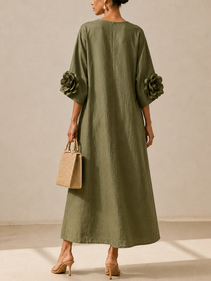 Graziella | Abito Midi Verde Oliva con Maniche Floreali