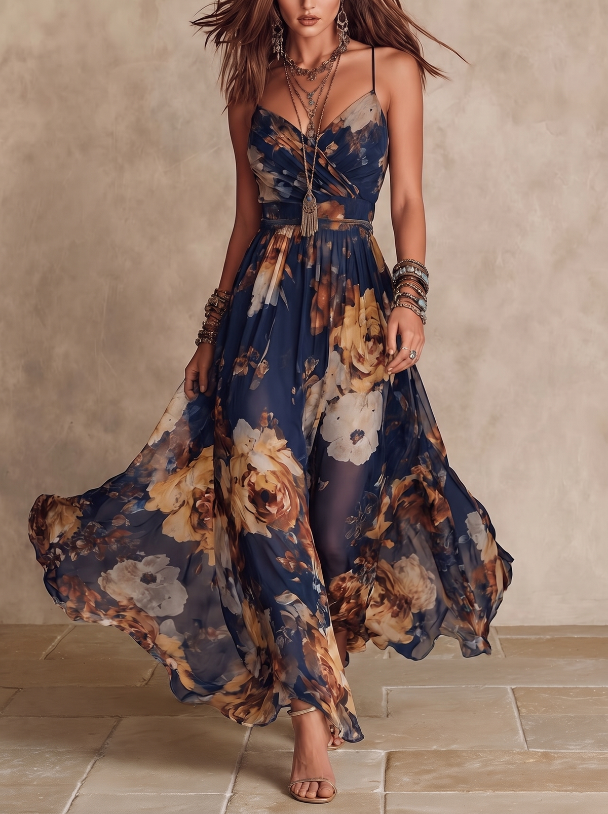 Adriana | Abito Maxi Floreale Blu Navy in Chiffon