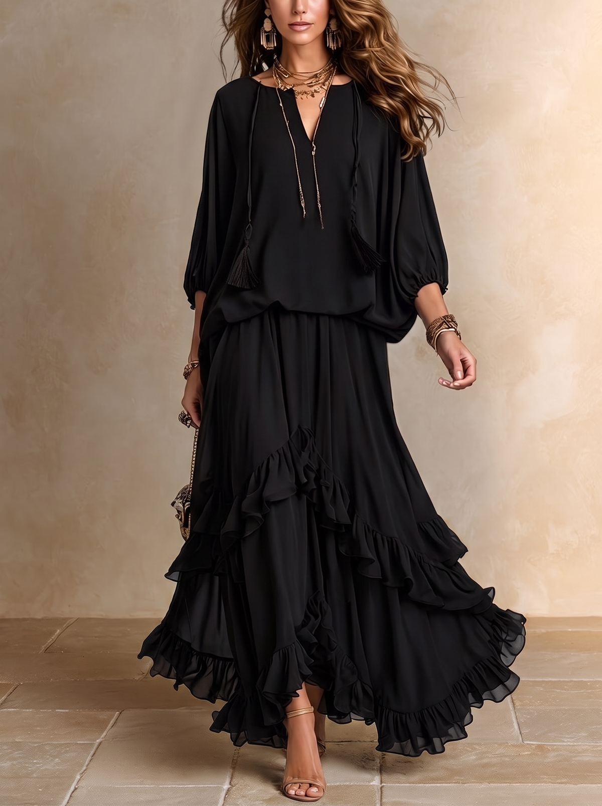 Elvira | Completo Nero in Chiffon con Frange e Gonna a Volant