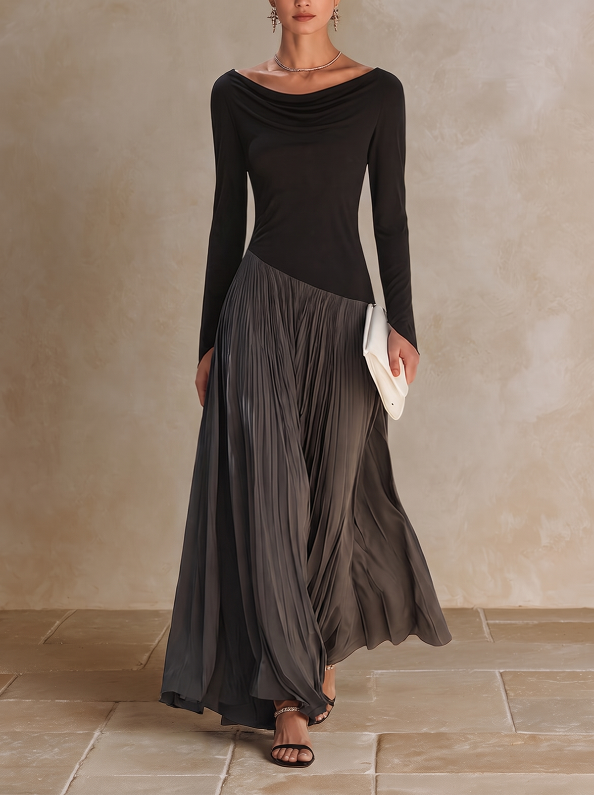 Marina | Abito Maxi Plissettato Bicolore Nero e Grigio