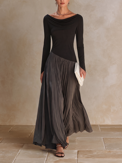 Marina | Abito Maxi Plissettato Bicolore Nero e Grigio