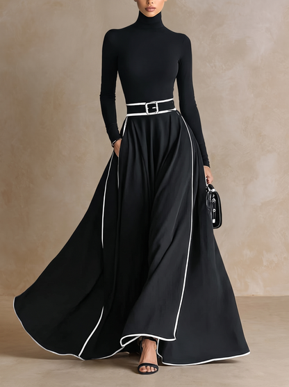 Nicoletta | Abito Maxi Nero con Cuciture Bianche e Collo Alto