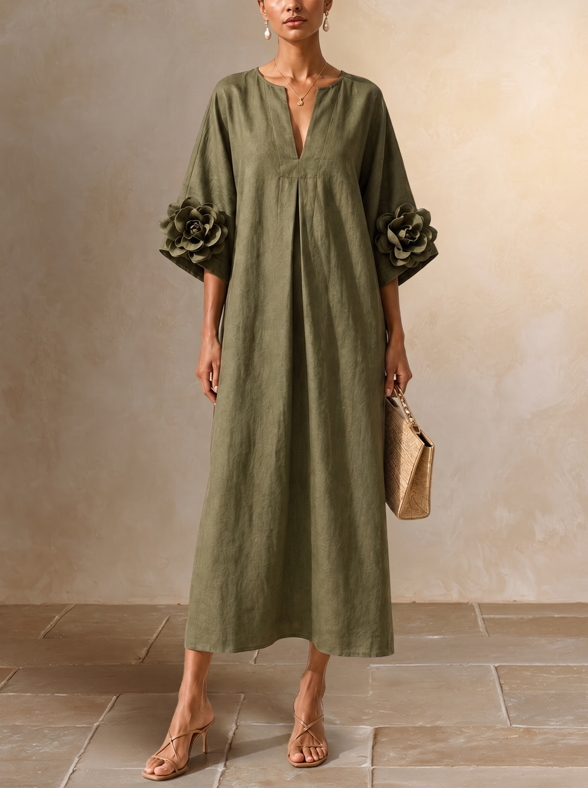 Graziella | Abito Midi Verde Oliva con Maniche Floreali