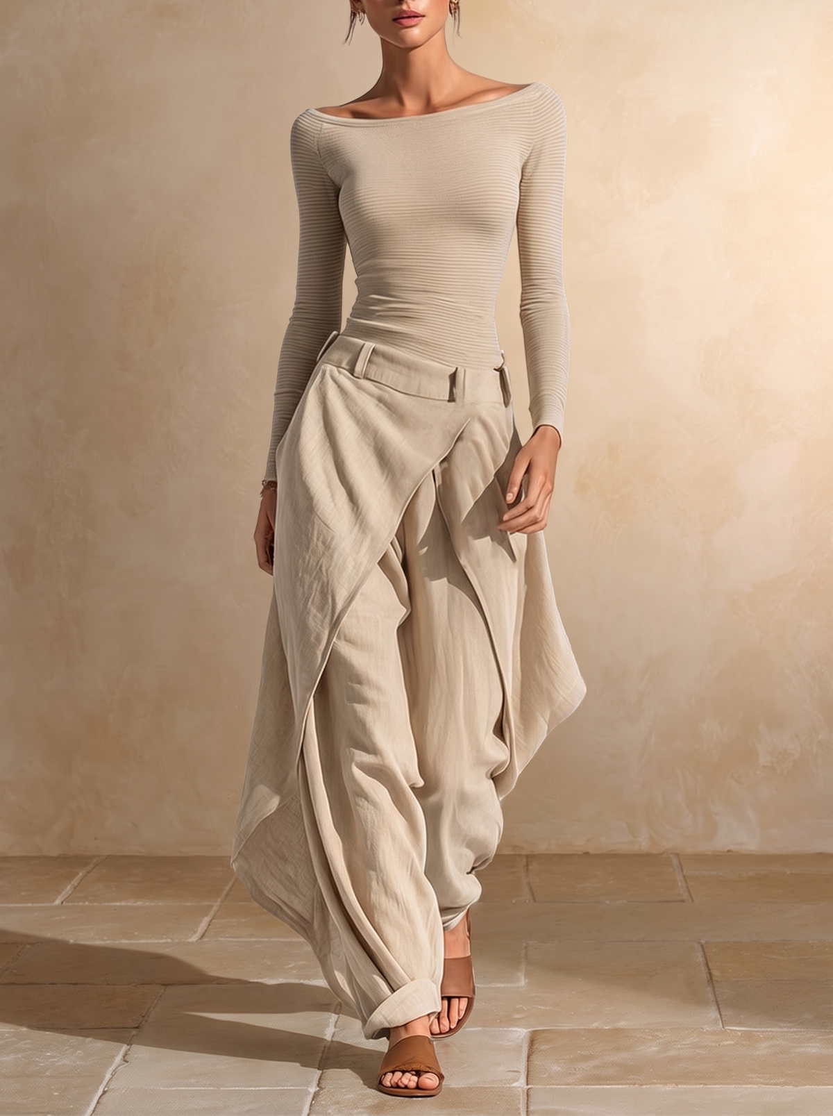 Giuliana | Completo Beige con Top a Barca e Pantaloni Larghi