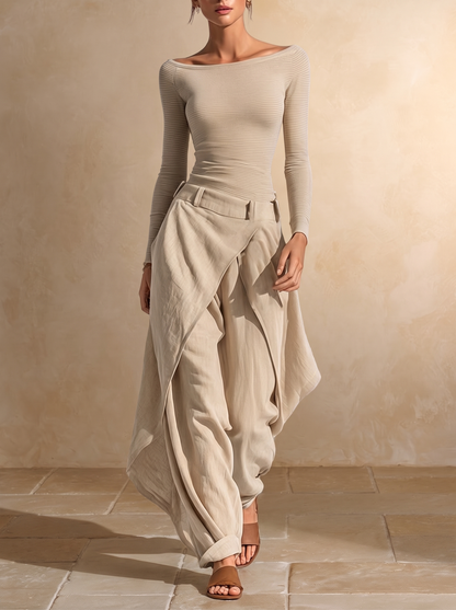 Giuliana | Completo Beige con Top a Barca e Pantaloni Larghi