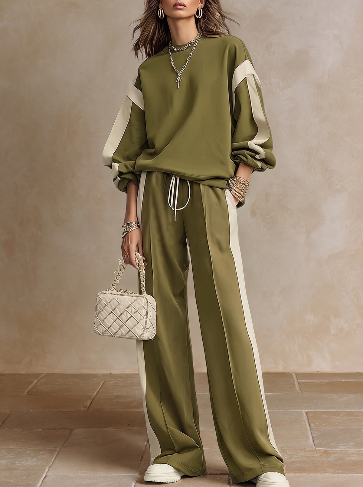 Sonia | Completo Casual Verde Oliva con Pantaloni Larghi